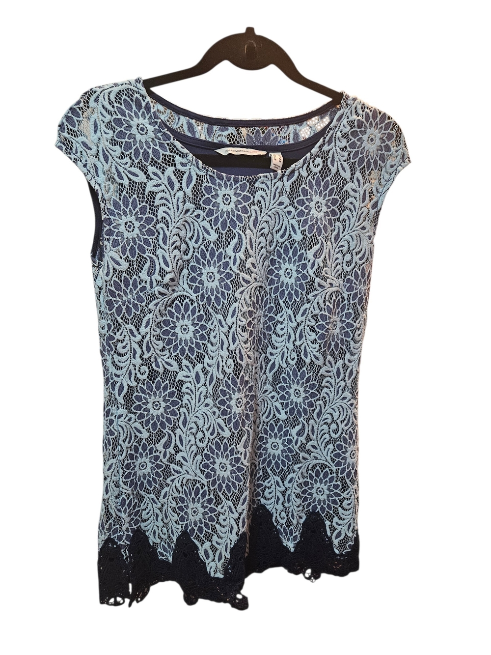 Isaac Mizrahi Navy Top with Light Blue Floral Lace Overlay